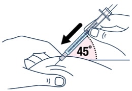 Quickly insert the Voxzogo needle all the way into the skin at a 45-degree angle.