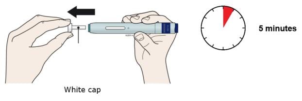 Pull of the cap when you are ready to inject, but do not leave the cap off for more than 5 minutes to prevent the Enbrel from drying out image.