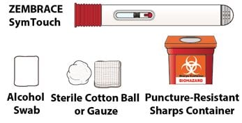 Gather the autoinjector, alcohol swab, sterile cotton ball or gauze and puncture-resistant sharps container.