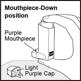 hold inhaler with mouthpiece down and shake for 5 seconds.image