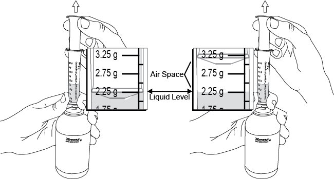 Figure F shows an example of drawing up 2.25 g of Xywav. Figure G shows an example if an air space forms when drawing up the medicine.