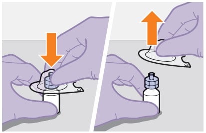 Press the vial adapter straight down onto the vial using the packaging. When you are ready, lift off the Apretude vial adapter packaging. as shown