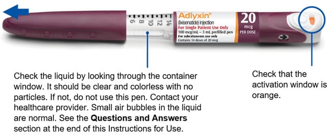 Pull the cap off your Adlyxin pen and check the pen.