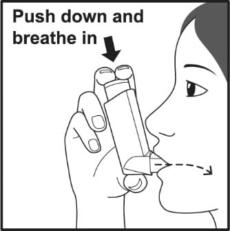 Put the Ventolin HFA inhaler mouthpiece in your mouth and seal your lips around it. Push the top of the metal canister all the way down while breathing in deeply and slowly through the mouthpiece.