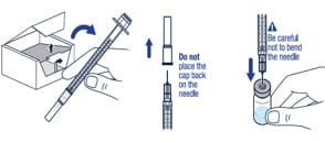 Take the Voxzogo injection syringe out of the carton. Pull off the needle cap from the injection syringe and insert the needle straight through the middle of the vial stopper.