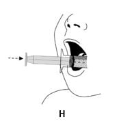 Place the tip of the oral syringe in the mouth right away. If giving to a child, place the tip of the oral syringe along the inner cheek of the child’s mouth.