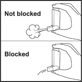 Image shows a good puff of medication coming from a Ventolin HFA inhaler that isn't blocked and very little medication being puffed out of the blocked inhaler.