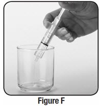 Slowly push the oral syringe plunger all the way down to empty the water from the oral syringe straight into the cup containing the Sabril.