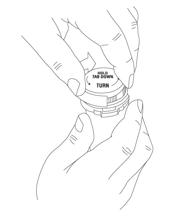 Place the child-resistant cap provided with the filled pharmacy container on the pharmacy container and turn the cap clockwise (to the right) until it clicks and locks into its child-resistant position.