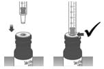 Make sure the cap is removed from Livmarli bottle and insert the tip of the dosing dispenser into the bottle.