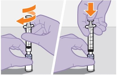 Screw the syringe firmly onto the Apretude vial adapter. Press the plunger all the way down to push the air into the vial. 