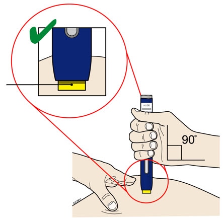 With the orange cap off, put the yellow safety guard on your skin at 90 degrees. The needle is inside the yellow safety guard. Do not touch the gray start button yet.image