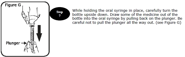 Step 7. Hole the syringe in play and carefully turn the Versacloz oral suspension bottle upside down. Pull back on the plunger to draw medicine into the syringe. Do not pull the plunger all the way out. 
