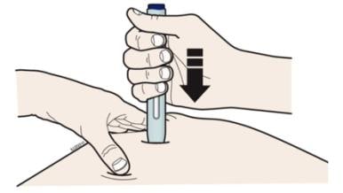 Firmly push the autoinjector down onto skin until it stops moving image.