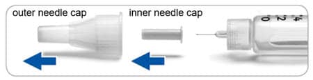 Pull off outer needle cap and keep for later, then pull off inner needle cap and throw away.