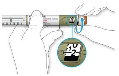 Select 2 units by turning the dose selector on your Soliqua pen until the dose pointer is at the 2 mark.