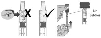 Check the dosing dispenser for air bubbles. If you see any air bubbles, fully push the plunger so that the Livmarli flows back into bottle and withdraw the prescribed dose