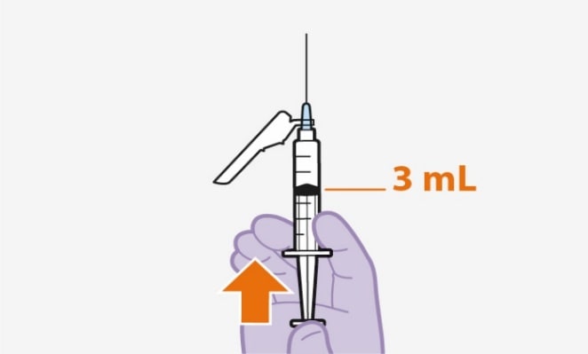 Hold the Apretude syringe with the needle pointing up. Press the plunger to the 3-mL dosing mark to remove extra liquid and any air bubbles.