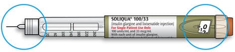 Image showing needle attached to the Soliqua pen and the dose set to "0".