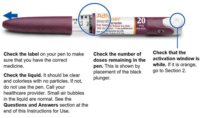 Pull the cap off your Adlyxin pen and check the pen.