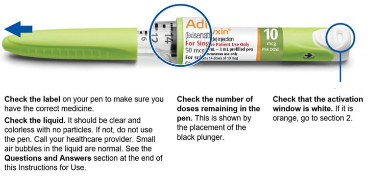 Pull the cap off your Adlyxin pen and check the pen.