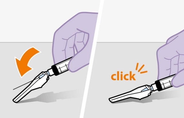 Fold the Apreture needle guard over the needle, apply gentle pressure on a hard surface to lock into place.