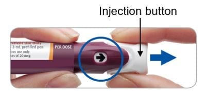 Pull out injection button. The arrow in the window on your Adlyxin pen will be pointing towards the button.