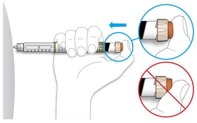 Place your thumb on the Soliqua injection button. Then press all the way in and hold.