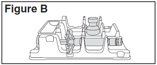 Place the Betaseron vial in the well (vial holder) and place the pre-filled diluent syringe in the U-shaped trough.image