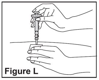 Slowly push the plunger all the way in until the syringe is empty (See Figure L). Remove the needle from the skin. Place a dry cotton ball or gauze pad over the injection site. Gently massage the injection site for a few moments with the dry cotton ball or gauze pad. Throw away the syringe in your puncture-proof disposal container.image