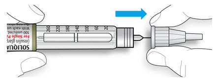 Grip the widest part of the outer needle cap. Keep the needle straight and guide it into the outer needle cap back. Then push firmly on.