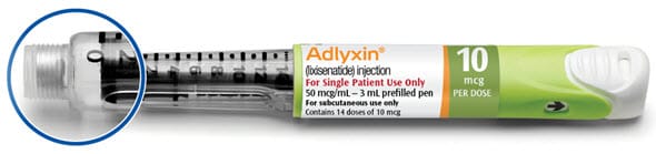 The green 10 mcg ADLYXIN pen is empty when the black plunger has reached "0" on the dose scale and the injection button cannot be pulled out fully.