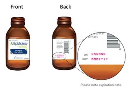 Each package contains: 1 bottle of Epidiolex oral solution (100 mg/mL). Note the expiration date on the back of the bottle.