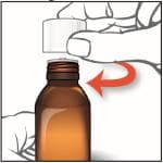 Screw the child-resistant cap back on the bottle tightly by turning the cap to the right (clockwise).  Do not remove the bottle adapter. The cap will fit over it.