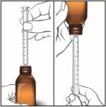 Push the plunger all the way down and insert the tip of the oral syringe fully into the bottle adapter. With the oral syringe in place, turn the bottle upside down.