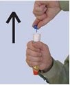 Grasp the auto-injector in your fist with the orange tip (needle end) pointing downward. With your other hand, remove the blue safety release by pulling straight up without bending or twisting it image