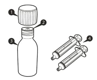 Each Evrysdi carton contains (see FIGURE A):  1 Cap 1 Bottle adapter 1 Evrysdi bottle 2 Reusable oral syringes Instructions for Use) 1 Prescribing Information and Patient Information.image