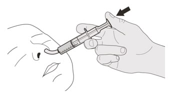 Place the oral syringe tip into the nasogastric tube. Slowly press the plunger all the way down to give the full dose of Evrysdi.image