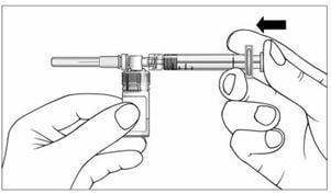 Slowly push the plunger of the pre-filled syringe all the way in. This will push all of the liquid from the syringe into the vial (Figure 10). Continue to hold the plunger while you mix Extavia with the liquid from the syringe. If you do not hold the plunger in, it may return to its original position after you let go.image