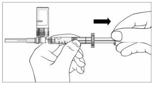 With your thumb still pushing the plunger, turn the syringe and vial, so that the vial is on top (Figure 11).  Slowly pull the plunger back to withdraw the entire contents of the vial into the syringe.image