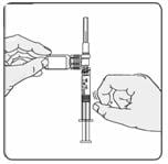 Turn the syringe so that the needle end is pointing up. Remove any air bubbles by tapping the outside of the syringe with your fingers (Figure 12). Slowly push the plunger to the 1 mL mark on the syringe or to the mark that matches the amount of Extavia prescribed by your doctor. If too much solution is pushed back into the vial, return to step 16.image