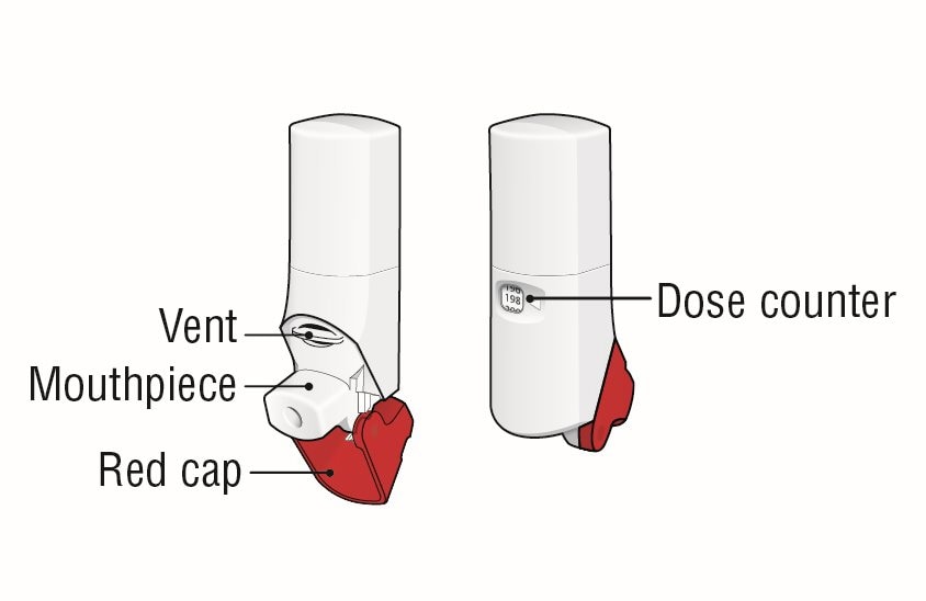 ProAir RespiClick inhaler image with vent, mouthpiece, red cap and dose counter.