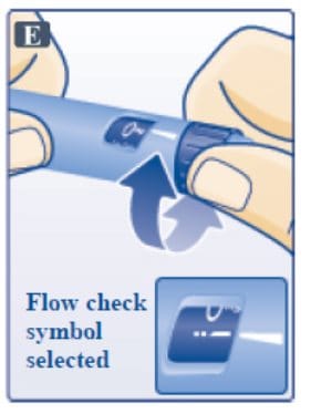 Turn dose selector until flow check symbol - - lines up with pointer. Do this only Once for each new pen. Image.