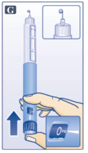 Press dose button until 0mg lines up with pointer. Repeat steps C and D, up to 6 times, until a drop of Victoza appears at the needle tip image