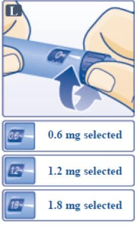 Turn the dose selector until your needed dose lines up with the pointer (0.6mg, 1.2mg, or 1.8mg) image