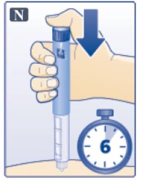 Keep the dose button pressed down and make sure that you keep the needle under the skin for a full count of 6 seconds. Keep your thumb on the injection button until you remove the needle from your skin image.