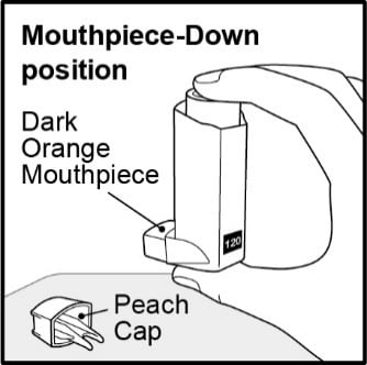 hold inhaler with mouthpiece down and shake for 5 seconds.image