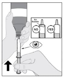 Remove air bubbles and adjust to the prescribed dose (mL)  Hold the syringe and tap the sides to send bubbles to the tip. With the syringe attached to the bottle, push the plunger up to remove the air bubbles from the top.image