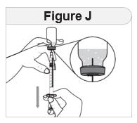 Keep the needle in the vial and slowly turn the vial upside down. Make sure to keep the tip of the needle in the medicine (figure J).image