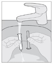 Remove plunger from the syringe, rinse only with water and air dry.image